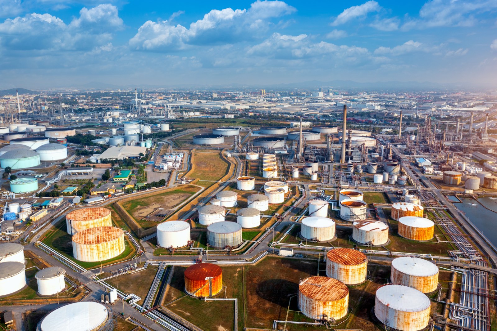 Aerial view of a refinery tank farm and processing facility