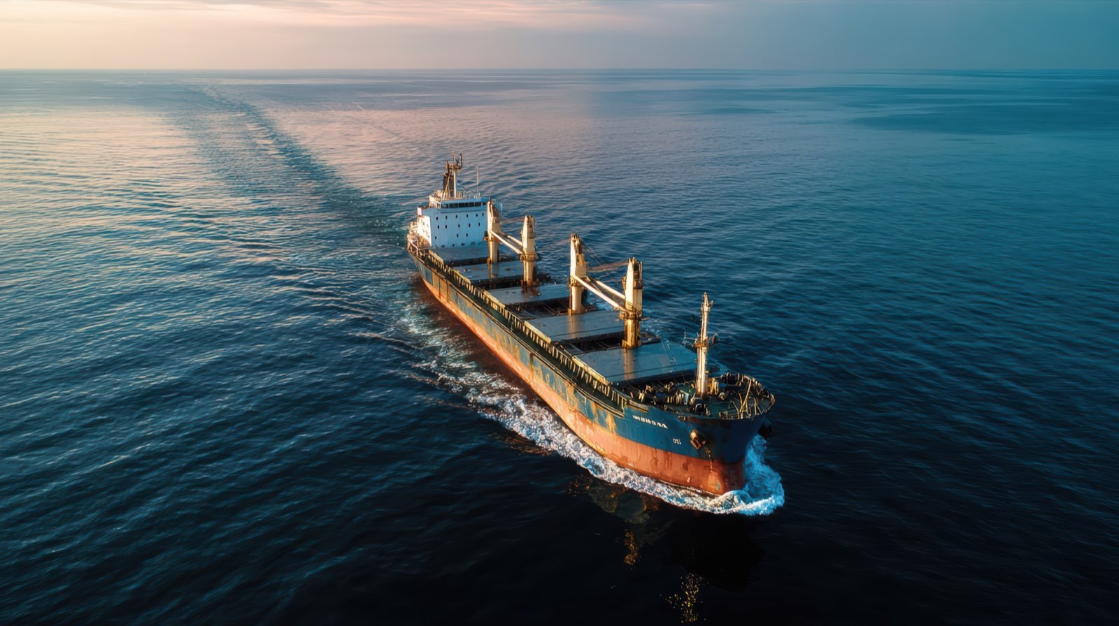 Cargo vessel under way on open ocean at first light